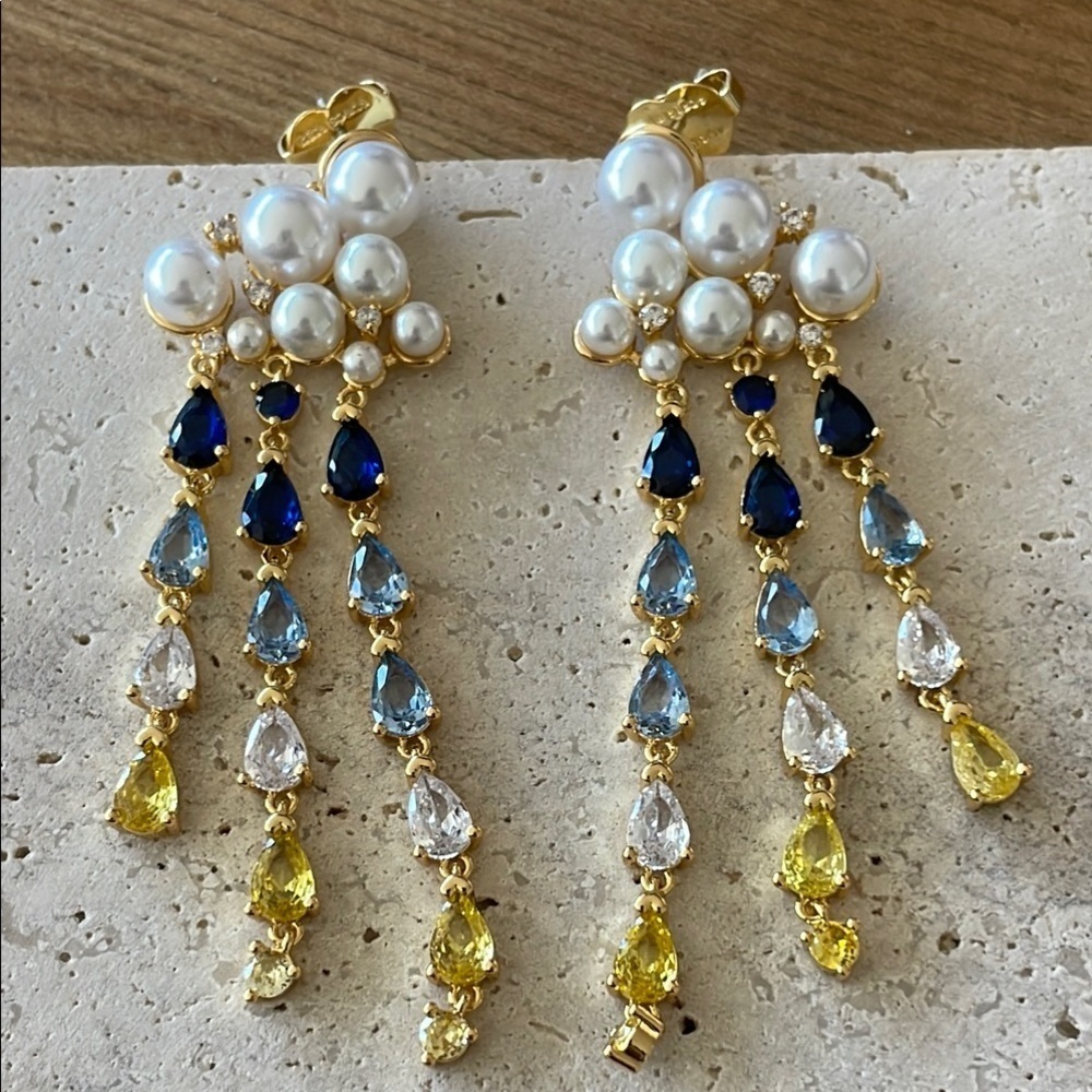 Elegant Gold and Blue Pearl Drop Earrings - Picture 5 of 6